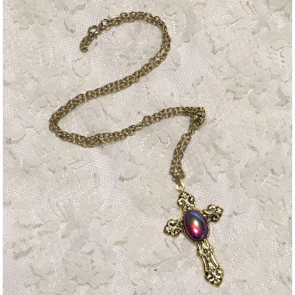 Vintage Ornate Cross Pendant Necklace Dichroic Red Cab Stone Gold tone Goth